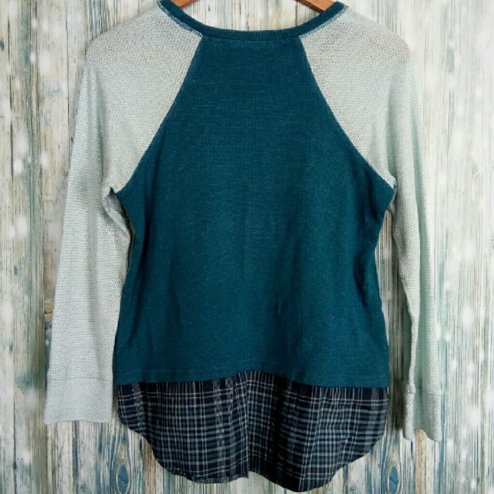 Soft Surroundings Mixed Media Raglan Sleeve Top Plaid Panel Cork Button Blue PS - Picture 2 of 7